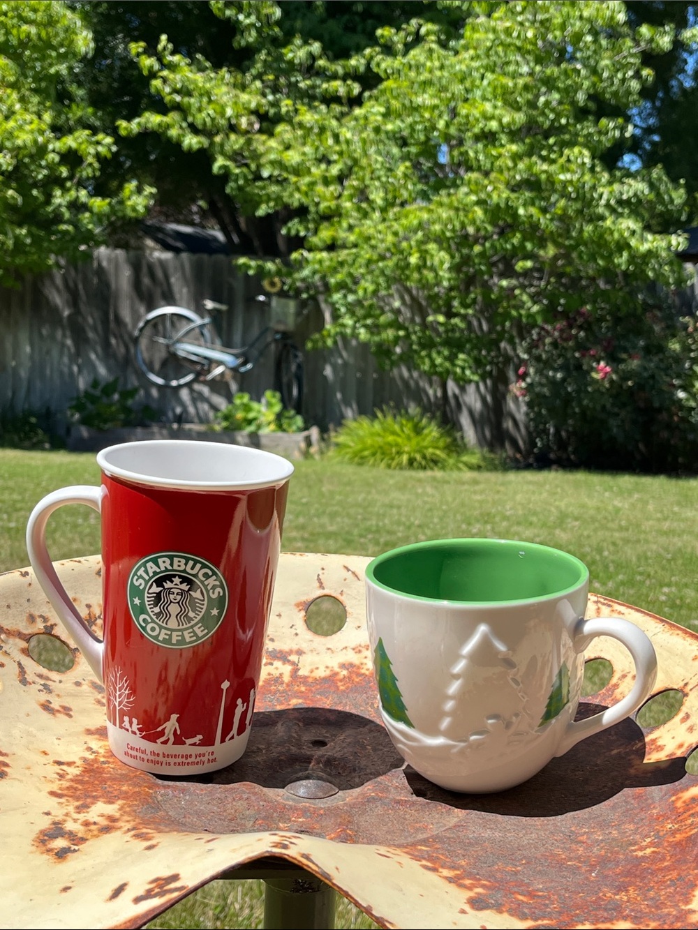 Starbucks 2006 Red Holiday Ceramic Mug with Green-Interior White Tree Mug